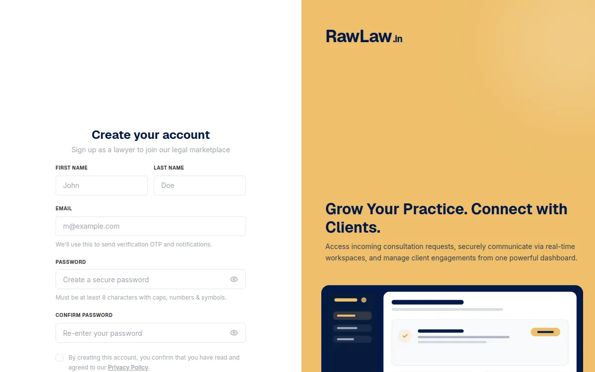 RawLaw advocate account registration screen